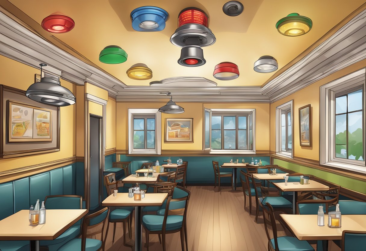 A restaurant with a fire alarm system installed on the ceiling, complete with visible alarm bells and flashing lights