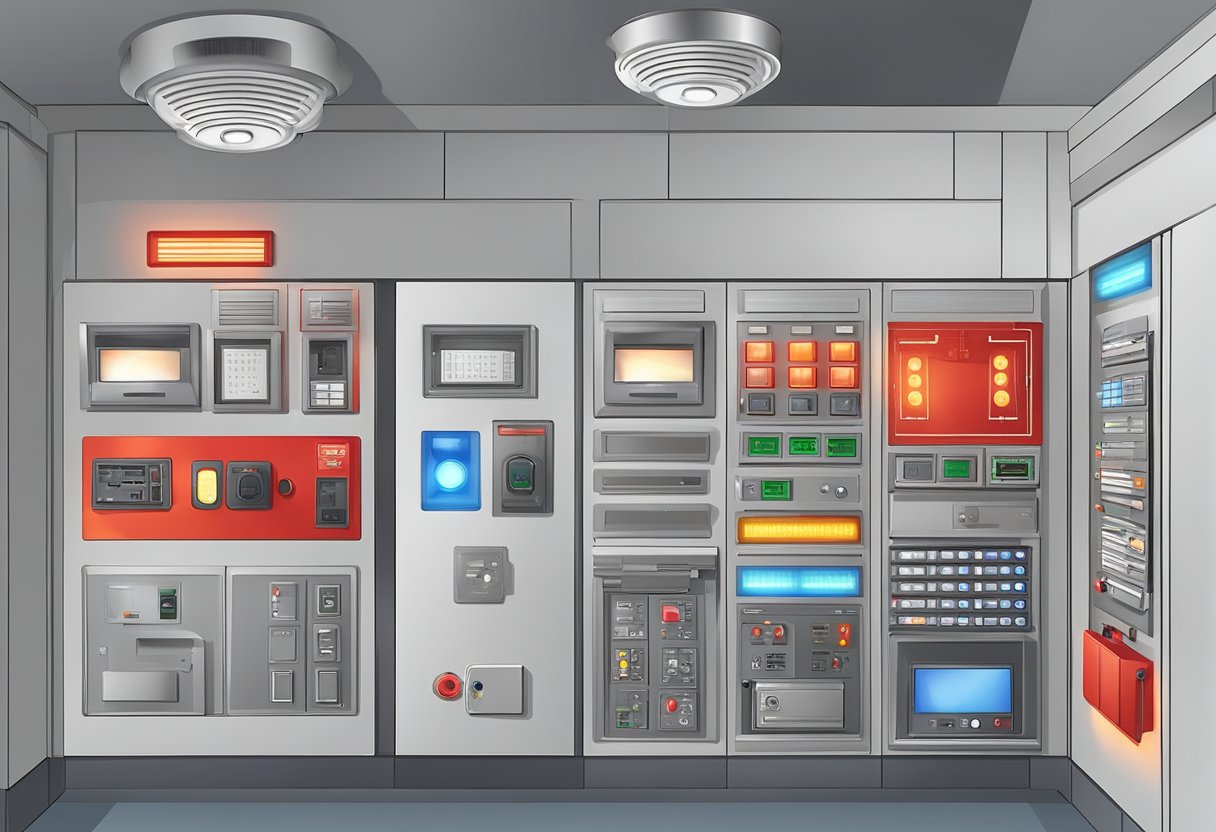 A fire alarm system with a control panel, smoke detectors, heat detectors, strobe lights, and sirens mounted on the ceiling and walls of a building