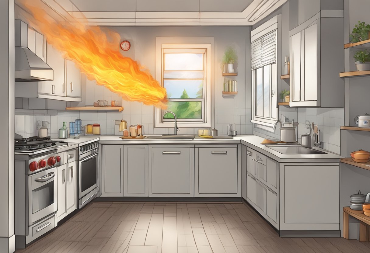 A fire alarm system with flashing lights and audible sirens activates as smoke billows from a burning kitchen