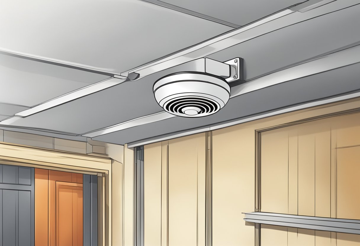 A wall-mounted fire alarm system with flashing lights and a loud siren, next to a ceiling-mounted smoke detector