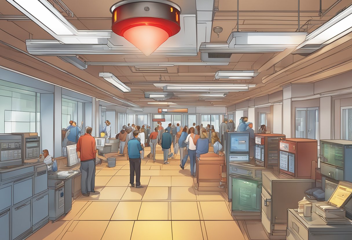 A fire alarm mass notification system activates in a crowded building